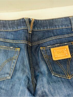 D&G High-Rise Blue Denim Jeans with Tan Leather Logo Patch